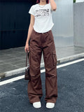 Drespot- Cyber Y2K White Cargo Pants Women Korean Style Egirl Brown Wide Leg Trousers Oversized Streetwear Hip Hop Pleated Pantalon