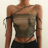 Drespot-Green Lace Up Off Shoulder Tank Top Summer 2024 Aesthetic Sexy Print Sleeveless Crop Top Y2k Streetwear Tanks