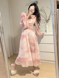 Drespot French Vintage Long Sleeve Floral Midi Dress 2024 Summer Elegant Party Pink Dress Woman Casual Fashion Chic Beach Chiffon Dress