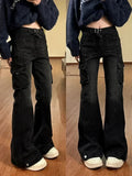 Drespot- Black Cargo Flare Jeans Women Streetwear Vintage Baggy Korean High Waist Denim Pants Y2k Causal Kpop Wide Leg Trousers
