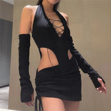 Drespot-Sexy Black Skinny 2 Piece Sets Gothic Hollowed Bandage Backless Bodysuit With Low-waist Draw-string Mini Skirt Outfits