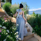 Drespot Summer Blue Plaid Maxi Women Dress 2024 Slim Backless Party Vacation Long Dress Female New Elegant Chic Prom Lady Chiffon Dress