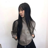 Drespot- Diamonds Letter Zipper Long Sleeve Turn Down Collar Pocket Women'S Coats Y2K Streetwear Wholesale Korean Sporty Clothing