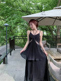 Drespot Beach Holiday Pink Backless Neck-mounted Long Dresses Summer French Hepburn Pressure Pleated Big Swing Casual Female Clothing