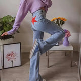 Drespot-90S Aesthetic Blue Denim Skinny Jeans Women Retro Five Pointed Star Patchwork Jeans Straight Slim Fit All Match Pants