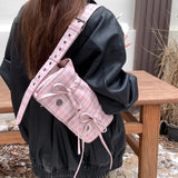 Drespot- Plaid Pink Womens Shoulder Bag Pleated Casual Sweet Cute New Fashion Leather Handbag Literary Exquisite Designer Armpit Bag