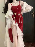 French Vintage Fairy Mermaid Dress Women Lace Korean Party Princess Strap Dress Female 2023 Spring Court Sweet Lolita Midi Dress