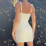 Drespot- Solid Deep V-neck Sleeveless Dress 2024 Summer Elegant Women Ruffles Split Mini Dresses Sexy Slim Party Clubwear Vestido