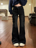 Drespot- Black Cargo Flare Jeans Women Streetwear Vintage Baggy Korean High Waist Denim Pants Y2k Causal Kpop Wide Leg Trousers