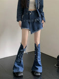 Drespot-Streetwear Blue Cowboy Tops Coat Asymmetrical Design Lace Up Denim Mini Skirt Autumn Three Piece Sets Womens Outfits