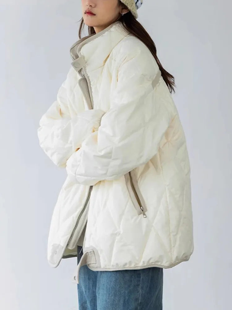 Drespot White Plaid Women's Quilted Jacket Winter Claasic Warm Down Cotton Jacket with Zipper BF Style Oversize Baseball Padded Parkas
