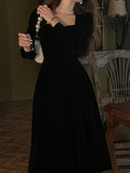Drespot-French Court Vintage Black Velvet Dress Hepburn Temperament Women Show Thin High-level Feeling French Classical Party Dress