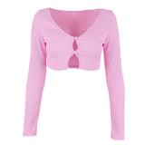 Drespot- Y2K Pink Ribbed Knit Crop Top French Gentle Long Sleeves Cardigan T Shirt Sexy High-waist Exposed Navel Women Slim Tops