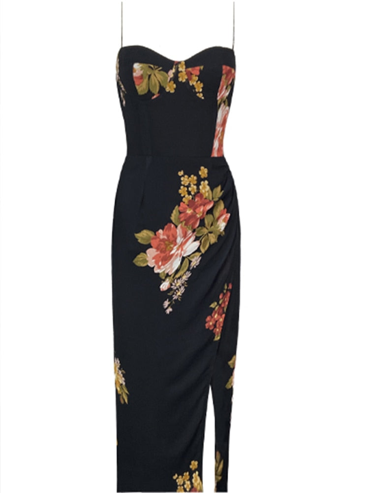 Drespot Floral Dresses for Women Sleeveless Streetwear Split Dress Slim Midi Slash Neck Spaghetti Strap 2023 New Spring Summer Dress