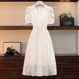 Drespot-Elegant V-neck Midi Dress Women Summer Puff Sleeve White Casual Party Dress Female Office Kawaii Lace One-piece Dress Korean Y2k