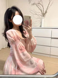 Drespot French Vintage Long Sleeve Floral Midi Dress 2024 Summer Elegant Party Pink Dress Woman Casual Fashion Chic Beach Chiffon Dress