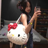 Drespot- Hello Kitty Plush Women Shoulder Bag Large Capacity Soft Cartoon Fluffy Cute Fashion Tote Bag Japanese Style Casual Handbag