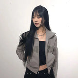 Drespot- Diamonds Letter Zipper Long Sleeve Turn Down Collar Pocket Women'S Coats Y2K Streetwear Wholesale Korean Sporty Clothing
