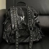 Drespot- Y2k Black Womens Backpack Vintage Fashion Gothic Soft Pu Leather School Backpack Large Capacity Men Casual Original Bag Sac