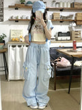 Drespot-Cargo Pants Women Baggy Blue Y2K Fashion Loose Pocket Embroidery Wide Leg Sport Trouser Harajuku Causal Mujer Sweatpants