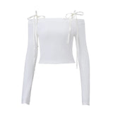 Drespot-Casual Off Shoulder Crop Tops Y2K Solid Bow Lace Up Long Sleeve T Shirt Elegant Slash-neck Stretchy Women's T-shirt 2023
