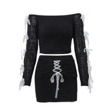 Drespot- Y2K Slash-neck Bow Applique Tank Top With Lace Bandage Ruffles High Waist Mini Skirts For Women Outfits Autumn Trendy