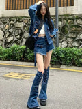 Drespot-Streetwear Blue Cowboy Tops Coat Asymmetrical Design Lace Up Denim Mini Skirt Autumn Three Piece Sets Womens Outfits