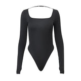 Drespot- Sexy Lingerie Solid Backless Bodysuit Y2K Square-neck Long Sleeve Bodycon Bodices Fantasy Autumn Night Club Bodysuits