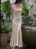 Drespot-French Elegant Satin Bodycon Mermaid Dress for Women Summer Fashion Ruffle Wedding Party Vestido Female Spaghetti Strap Clothing
