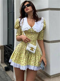 Drespot-Summer Printed Patchwork Mini Dress Female V-Neck Short Sleeve Slim Fashion Elegant Party Dress Gown For Women Dress 2024