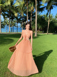 Drespot Beach Holiday Pink Backless Neck-mounted Long Dresses Summer French Hepburn Pressure Pleated Big Swing Casual Female Clothing