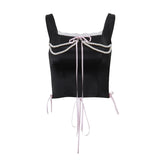 Drespot-French Pearl Chain Bow With Lace Strap Tank Top  2024 Spring New Y2K Sexy Sweet Spicy Bandage Crop Tops