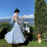 Drespot Summer Blue Plaid Maxi Women Dress 2024 Slim Backless Party Vacation Long Dress Female New Elegant Chic Prom Lady Chiffon Dress