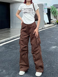 Drespot- Cyber Y2K White Cargo Pants Women Korean Style Egirl Brown Wide Leg Trousers Oversized Streetwear Hip Hop Pleated Pantalon
