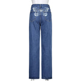 Drespot-Women's Pants Butterfly Print High Waist Straight-Leg Jeans Y2K for Party Baggy Denim Casaul Wide-Leg Trousers Streetwear