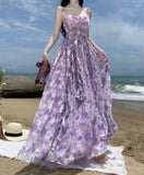 Drespot French Vintage Purple Print Long Dresses for Women 2024 Summer Sexy Backless Sleeveless Ruffles Beach Holiday Female Clothing