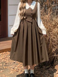 Drespot Preppy Style Vintage School Student Dress Women Retro Design Kawaii Brown Long Sleeve Midi Party Dresses 2023 Autumn