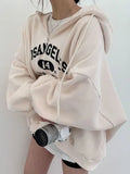 Drespot Women Kpop Loose Oversize Hooded Sweatshirt Long Sleeve Zipper Pullovers Letter Print Hoodie 2023 Autumn Winter