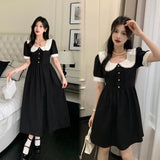 Drespot-Korean Version Popular Vintage Doll Collar Dress For Women Preppy Style 2024 Summer Black Long Dresses y2k Elegant Party Dresses
