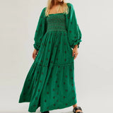 Drespot Bohemian Floral Dress Women Square Neck Ruffle Swing A Line Maxi Dress Long Sleeve Beach Style Holiday Lady Club Party Dress