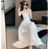 Drespot Vintage White Long Dresses for Women 2024 Summer Elegant Chic Solid Sleeveless Casual Female Korean Slim Sexy Backless Sundress