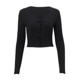 Drespot- Sexy V-neck Hollow Top Chinese Knot Long Sleeve Knitted Summer Slim Fit  Waist T-shirt Top Party Nightclub 2024 Women