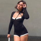 Drespot- Sexy Square-neck Patchwork Jumpsuit Streetwear Bodycon Long Sleeve One Piece Pants Women Slim Lingerie Jumpsuits