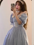 Drespot-Vintage Elegant Midi Dresses Women Spring Blue Patchwork Retro Evening Party Dress 2022 French Sweet Korean Princess Fairy Dress