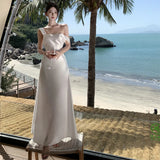 Drespot French Elegant Backless Bandage Long Dresses for Women Summer Satin Sleeveless Birthday Party Beach Casual Female Clothing Robe