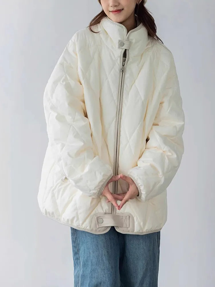 Drespot White Plaid Women's Quilted Jacket Winter Claasic Warm Down Cotton Jacket with Zipper BF Style Oversize Baseball Padded Parkas