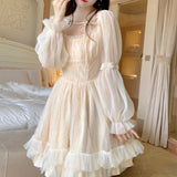Drespot-Elegant Lace Fairy Dress Women 2024 Spring Vintage Casual Korean Party Dress Female High Waist Long Sleeve Sweet Princess Dress