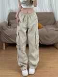 Drespot- Y2k Big Pocket Cargo Pants Women Streetwear Straight Wide Leg Trousers Vintage Design Side Zipper Drawtring Baggy Pants