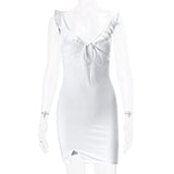Drespot- Solid Deep V-neck Sleeveless Dress 2024 Summer Elegant Women Ruffles Split Mini Dresses Sexy Slim Party Clubwear Vestido