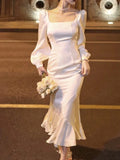 Drespot-Elegant Satin Midi Dresses for Women Long Sleeve Slim Mermaid Autumn Spring Evening Party Dress Prom Robe Wedding Vestidos New